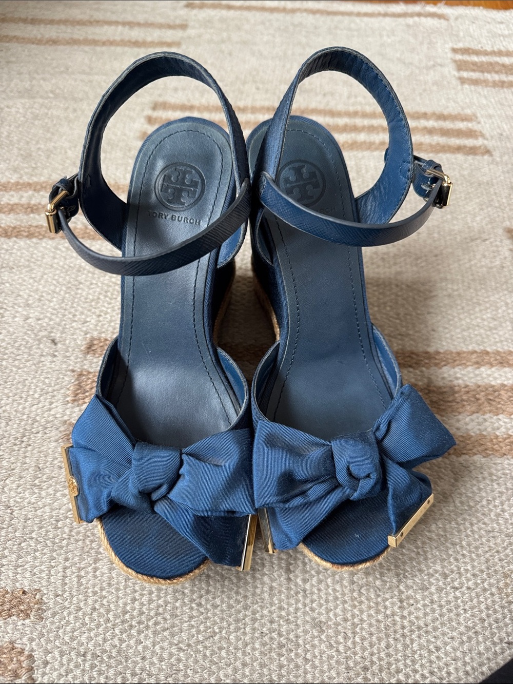Tory Burch Navy Bow Slingback Wedge Sandals
